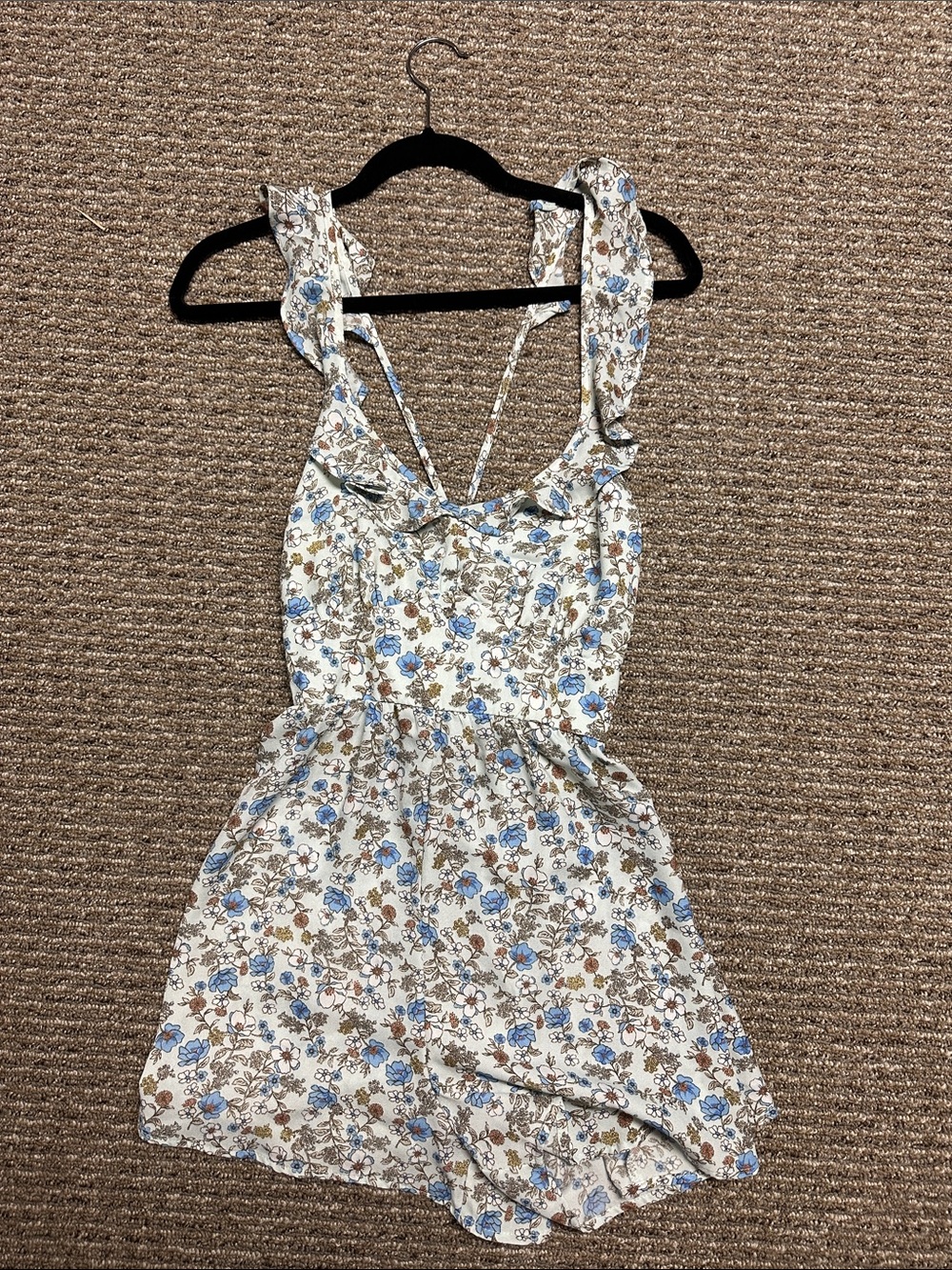 Forever 21 Cream Floral Ruffle Strap Romper with Blue & Brown Flowers